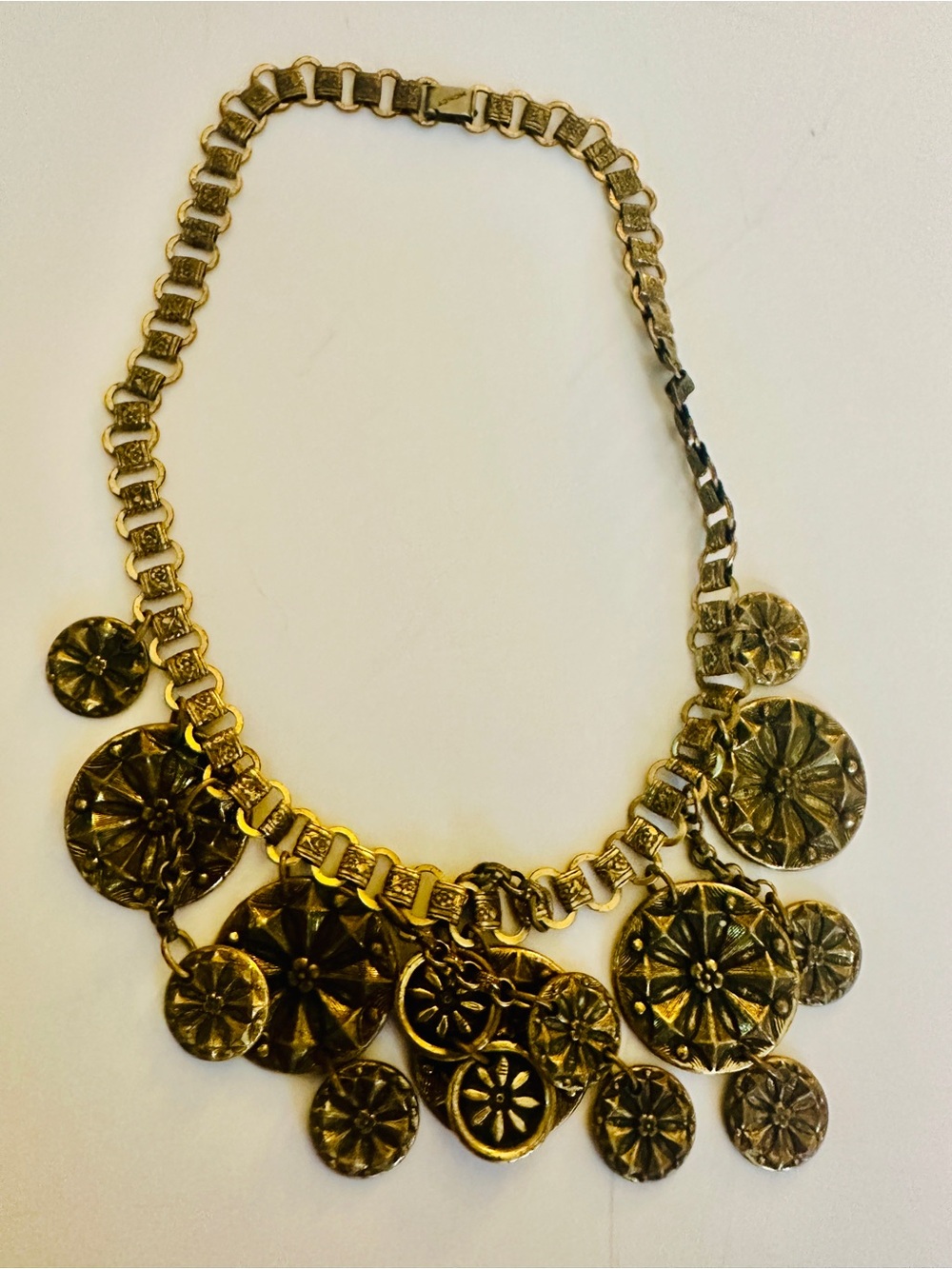 Monet Necklace Vintage Rare Collectible Bib Antique Brass Tone Flower Dangles
